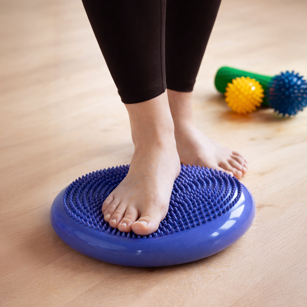 man doing flatfoot correction gymnastic exercise balancing on ma