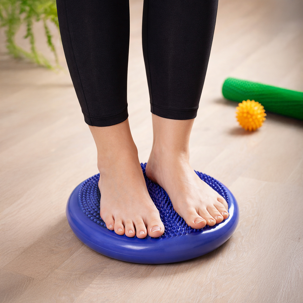 man doing flatfoot correction gymnastic exercise balancing on ma